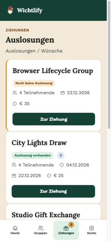 Alle Ziehungen an einem Ort in der Wichtlify Web-App