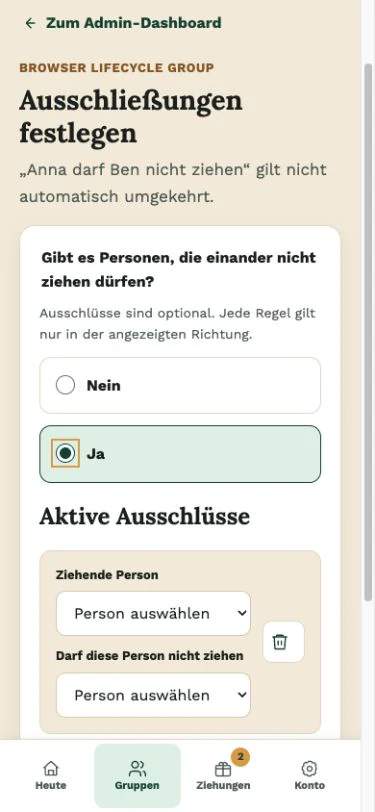 Ausschlüsse vor der Auslosung in der Wichtlify Web-App