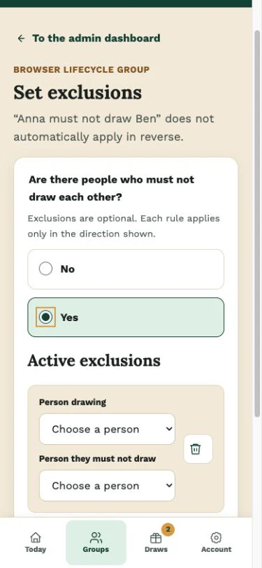 Set exclusions before the draw in the Wichtlify web app