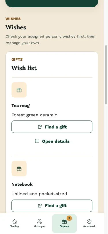 Wishes next to the draw in the Wichtlify web app