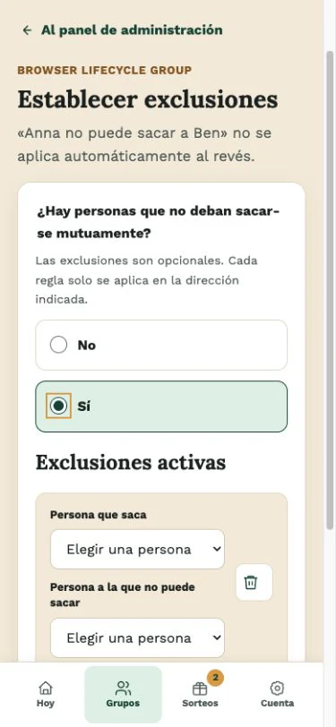 Define exclusiones antes del sorteo en la aplicación web de Wichtlify