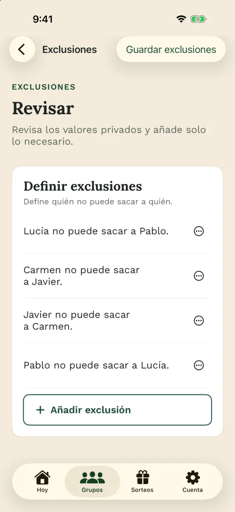 Define exclusiones antes del sorteo – en la app para iPhone
