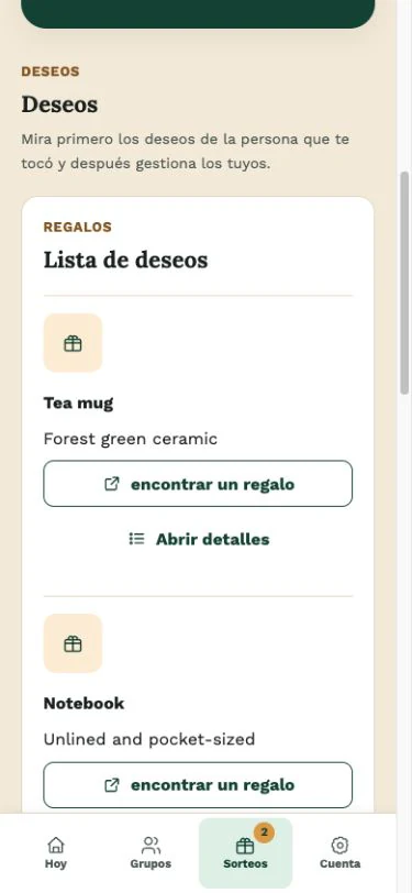 Los deseos junto al sorteo en la aplicación web de Wichtlify