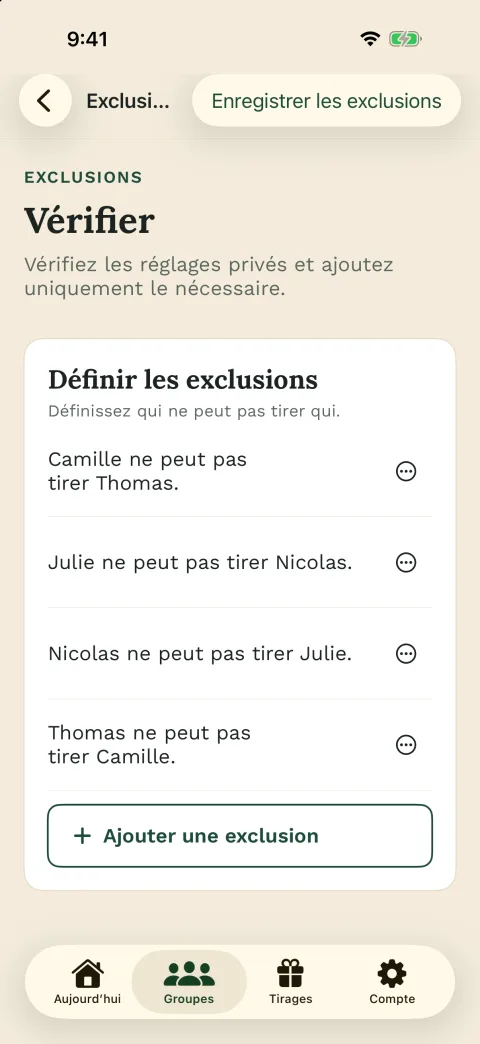 Définir les exclusions avant le tirage – dans l’app iPhone