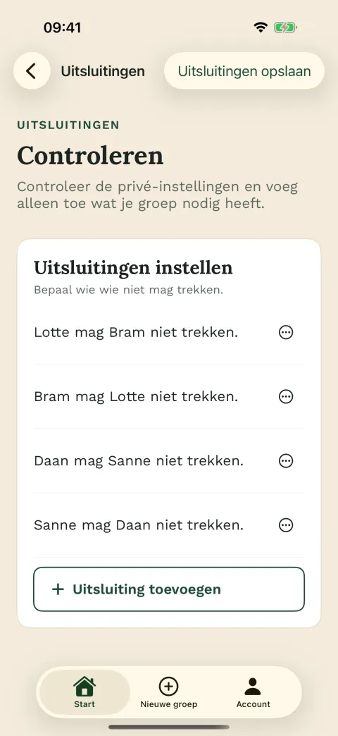Uitsluitingen vóór het trekken – in de iPhone-app